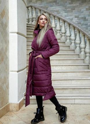 Зимове жіноче пальто плащівка матова силікон 300 бордо з поясом на молнії і кнопках4 фото