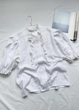 Блуза, рубашка, с рюшами, объёмный рукав, белая