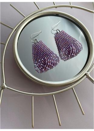 Прикраси з бісеру, сережки бісерні маленькі та легкі, фіолетові лавандові сережки підвіски3 фото