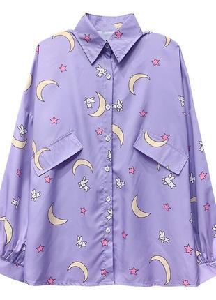 Нова лілова оверсайз блуза сорочка qweek kawaii жіночі сорочки модна шкільна жіноча блузка з довгим рукавом мила сорочка з принтом місяця