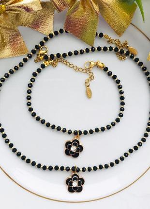 Чорний з золотистим набір прикрас з підвіскою чокер браслет з скляних намистин та бісеру