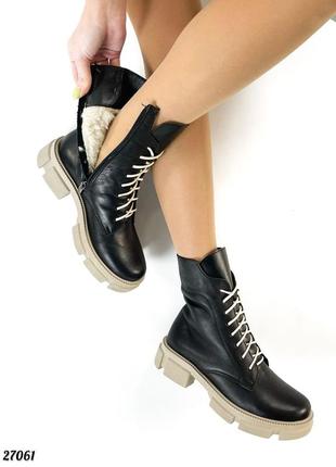 Женские зимние стильные кожаные сапожки на молнии натуральная кожа с мехом черные беж бежевые ботинки сапоги зима2 фото