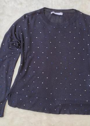 Синий натуральный короткий свитер со стразами тонкая кофта стрейч блестящая с камнями оверсайз zara4 фото