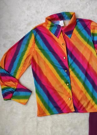 Разноцветная радужная блуза рубашка с длинным рукавом принтом радуги с пуговицами широкими рукавами