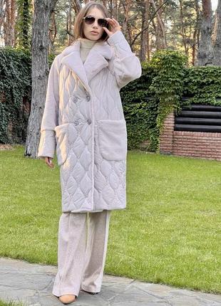 Альберто біні alberto bini пальто жіноче світле зимлве пальто бежеве клмбіноване пальто молочного кольору7 фото