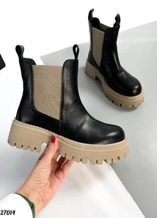 Женские зимние кожаные сапоги с мехом натуральная кожа зима челси черные ботинки беж низкие сапожки2 фото