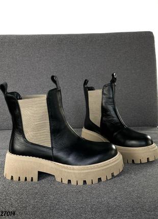 Женские зимние кожаные сапоги с мехом натуральная кожа зима челси черные ботинки беж низкие сапожки8 фото
