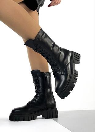Жіночі зимові шкіряні черевики берці натуральна шкіра з теплим хутром по всій довжині на блискавці чорні зимні ботинки зима панк гранж