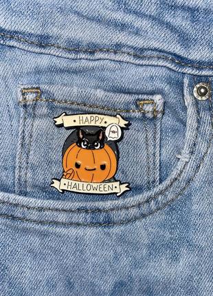 Значок металевий / пін гарбуз з котом / хелловін