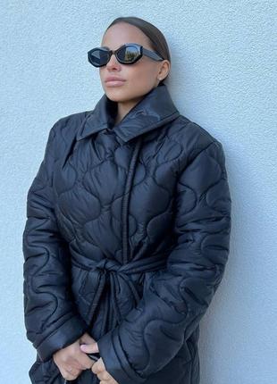 Зима!! куртка двухсторонняя пуховик пальто стеганое круги на запах с поясом теплое длинное черное9 фото