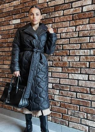 Зима!! куртка двухсторонняя пуховик пальто стеганое круги на запах с поясом теплое длинное черное4 фото