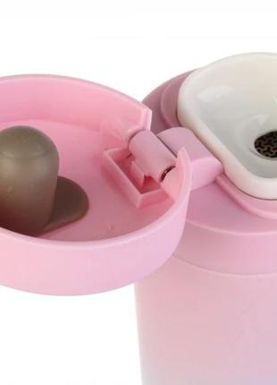 Термостакан 350 мл с с сеточкой для заваривания чая на кнопке розовый3 фото