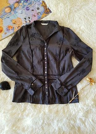 Элегантная блуза рубашка украшенная бархатом в мелкую полоску с узорами