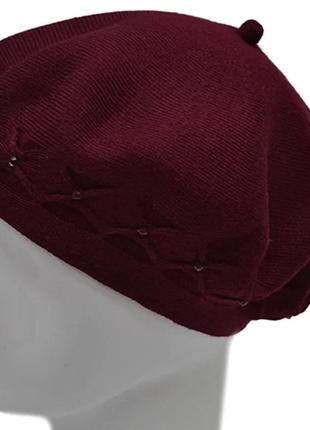 Берет демисезонный молодёжный шерстяной двойной тонкой вязки lirus бянка бордовый