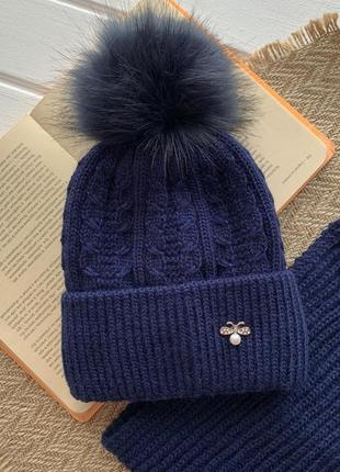 Зимовий комплект синій шапка хомут для дівчинки