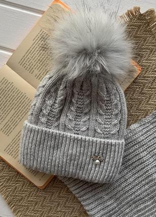 Комплект зимній шапка хомут сірий