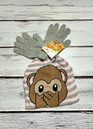Шапка дитяча детская шапочка з мавпочкою рукавички рукавиці на дівчинку