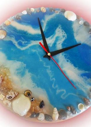 Годинник "море" ручної роботи з епоксидної смоли з морем і черепашками у подарунок під замовлення