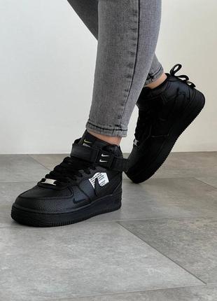 Nike air force mid utility all black x, жіночі кросівки найк форс чорні демісезонні, кросовки женские найк весна-осень5 фото