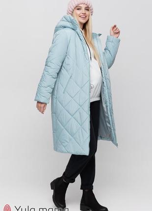Зимнее теплое пальто для беременных из плащевки с боковыми расширителями1 фото