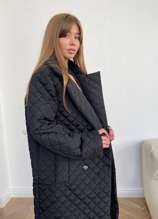 Пальто стёганое ромбики с поясом на запах длинное чёрное тёплое зима осень черное1 фото