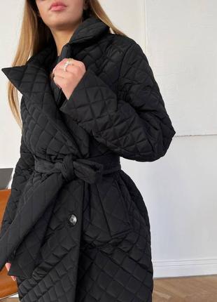 Пальто стёганое ромбики с поясом на запах длинное чёрное тёплое зима осень черное3 фото