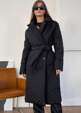 Пальто стёганое ромбики с поясом на запах длинное чёрное тёплое зима осень черное2 фото