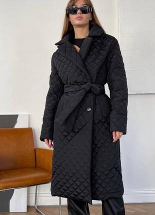 Пальто стёганое ромбики с поясом на запах длинное чёрное тёплое зима осень черное