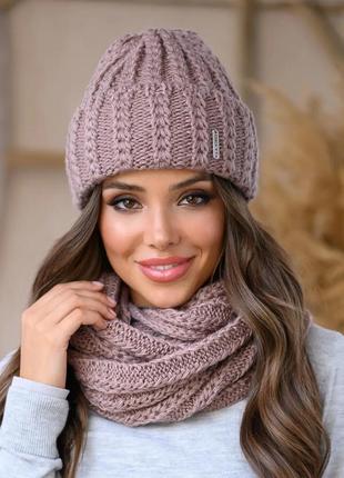 Вязаный зимний комплект simona, шапка+снуд, пильна роза