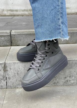 Кроссовки prada re-nylon brushed sneakers high grey6 фото