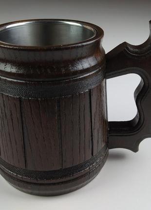 Дерев'яний пивний кухоль з металевою вставкою ручної роботи 0.3 л.1 фото