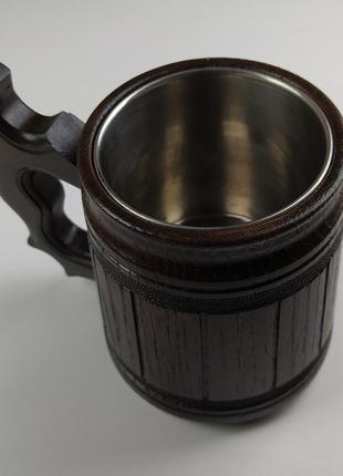 Дерев'яний пивний кухоль з металевою вставкою ручної роботи 0.3 л.4 фото