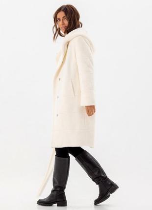 Пальто женское эко альпака теплое утепленное slimtex,  с капюшоном, белое, средней длины, зимнее3 фото