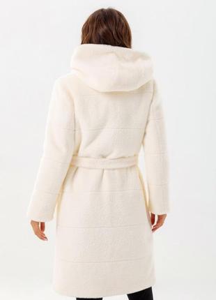Пальто женское эко альпака теплое утепленное slimtex,  с капюшоном, белое, средней длины, зимнее7 фото