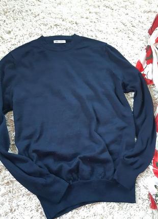 Базовый темно синий шерстяной тонкий свитер, zara,  p m-xl9 фото