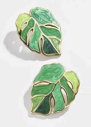 Гарні сережки листя емаль зелений листок пусети кульчики золотисті під ретро вінтаж серьги