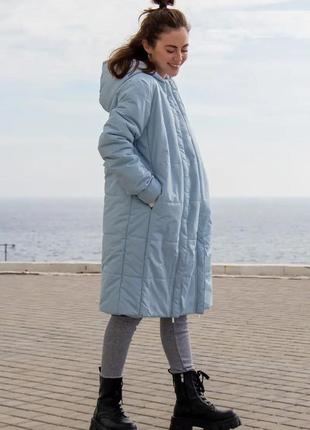 Блакитна зимова куртка для вагітних, майбутніх мам подовжена (зимняя курточка для беременных)