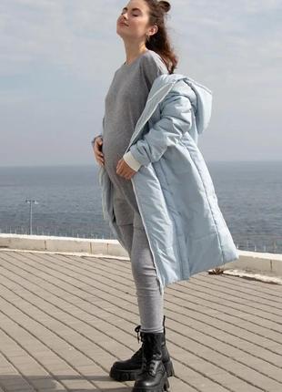 Блакитна зимова куртка для вагітних, майбутніх мам подовжена7 фото