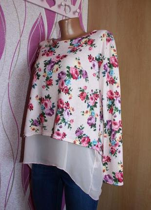 Кофточка / блуза/ свитшот нюд  в розочки с распоркой и шифоном, uk, l2 фото