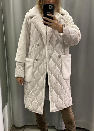 Альберто біні alberto bini пальто жіноче світле зимлве пальто бежеве клмбіноване пальто молочного кольору9 фото