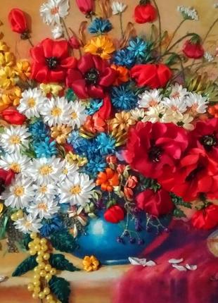 Картина с вышивкой лентами "полевые цветы"3 фото