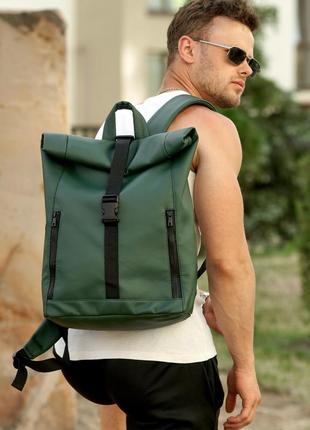 Рюкзак зеленый мужской большой кожаный раскладной рол вместительный
