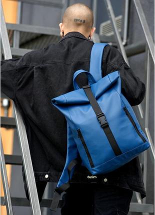 Рюкзак синій чоловічий великий шкіряний розкладний рол місткий1 фото