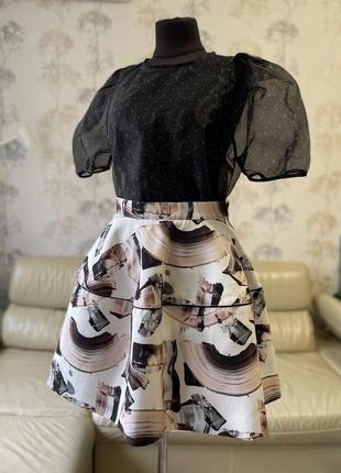 H&m white/brown/tan abstract scuba skirt спідниця