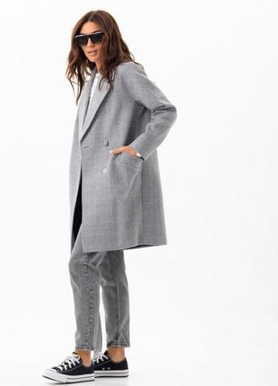 Premium quality, пальто женское оверсайз, зимнее утепленное, 70% шерсть, шерстяное в клетку, серое2 фото