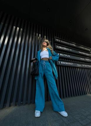 Костюм женский синий зеленый широкие брюки палаццо пиджак утепленные с защипами