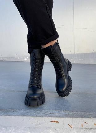 Берці зимові жіночі, чорні високі черевики натуральна шкіра5 фото