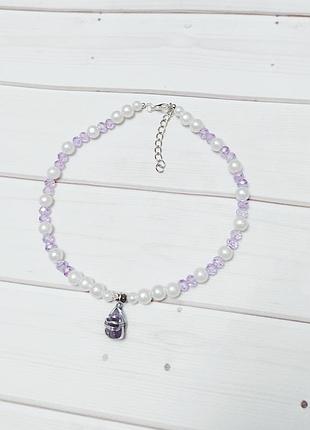 Чокер намисто з кришталевих намистин та натурального каменю аметисту аметист ручна робота