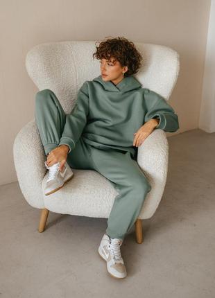 Теплий костюм оверсайз оливковий костюм на флісі з худі