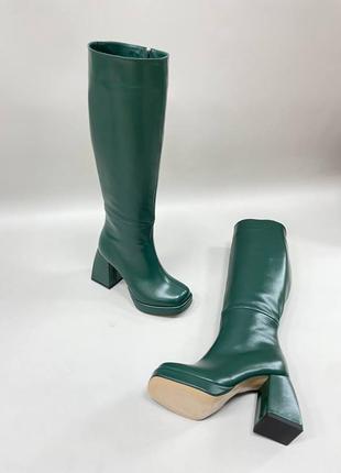 Трендові чоботи з натуральної італійської шкіри смарагдові зелені на підборах4 фото